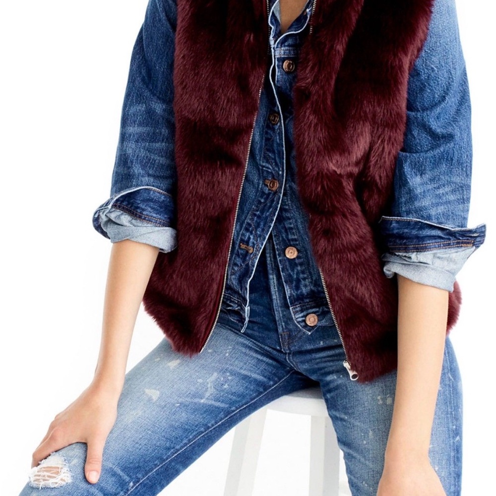 J. Crew Burgundy Satin Lined Faux Fur Vest
